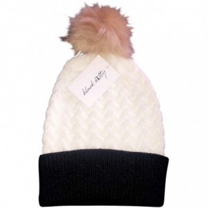 Skullies & Beanies Unisex Knit Fall & Winter Beanie Hat Faux Fur Pom Pom White/Black/Brown Herringbone Design Warm Adjustable...