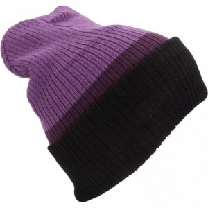Skullies & Beanies Adults Unisex Reversible Striped Slouch Beanie Hat (4-in-1 Design) - Purple/Plum/Black - CX120FUUYO3 $18.07