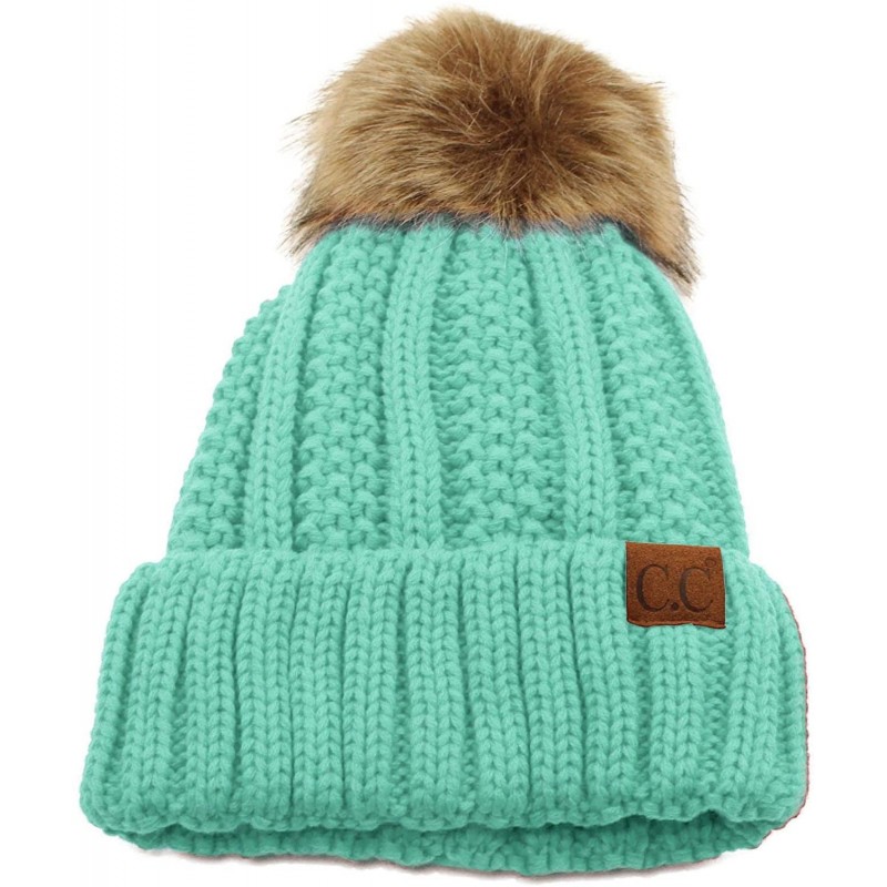 Skullies & Beanies Winter Sherpa Fleeced Lined Chunky Knit Stretch Pom Pom Beanie Hat Cap - Solid Mint - CC18K2QO49T $25.91