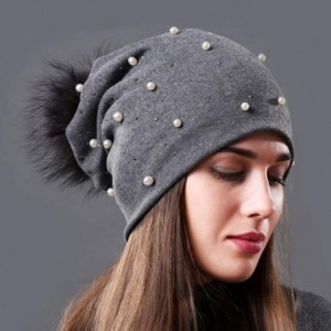 Skullies & Beanies Womens Slouchy Beanie Hat with Real Raccoon Fur Pompom Cotton Pearls Winter Fall Hat - Grey 1 - C71927MGNL...