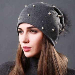 Skullies & Beanies Womens Slouchy Beanie Hat with Real Raccoon Fur Pompom Cotton Pearls Winter Fall Hat - Grey 1 - C71927MGNL...