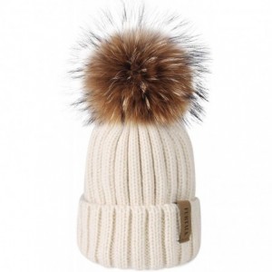 Skullies & Beanies Winter Knit Hat Detachable Real Raccoon Fur Pom Pom Womens Girls Warm Knit Beanie Hat - CF1251TBY3X $42.73