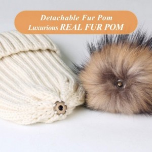 Skullies & Beanies Winter Knit Hat Detachable Real Raccoon Fur Pom Pom Womens Girls Warm Knit Beanie Hat - CF1251TBY3X $19.47
