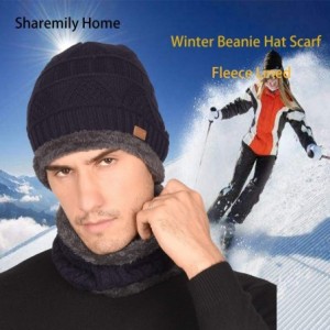 Skullies & Beanies 2-Pieces Winter Beanie Hat Scarf Set Warm Hat Thick Knit Skull Cap Fleece Lined for Men Women - Navy - CD1...