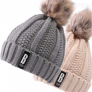 Skullies & Beanies Fleece Lined Women Winter Beanie Hats Faux Fur Pom Pom Beanie Hat - 2pcs- Beigegray - C812MXQQOUN $24.99