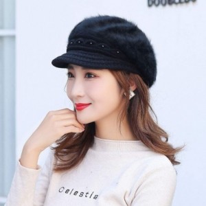 Berets Fashion Women's Warm Thicken Wool Berets Hat Winter Plush Pearl Knit Wide Wide-Brimmed Hat Cap - Black - CL192ZOALAO $...
