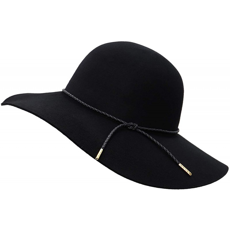 Sun Hats Women's Wide Brim Wool Ribbon Band Floppy Hat - Braided Band_black - CM18A8ETLK5 $40.45
