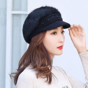 Berets Fashion Women's Warm Thicken Wool Berets Hat Winter Plush Pearl Knit Wide Wide-Brimmed Hat Cap - Black - CL192ZOALAO $...