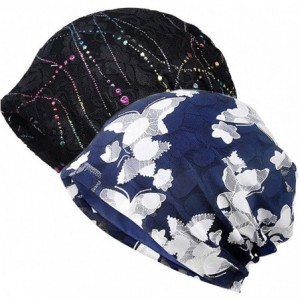 Skullies & Beanies Womens Cotton Beanie Lace Turban Soft Sleep Cap Chemo Hats Fashion Slouchy Hat - 2 Pack Navy Butterfly+bla...