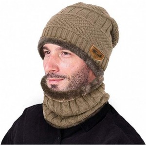 Skullies & Beanies Knitted Hat and Scarf Set- Winter Fleece Lining Wool Beanie Hat Neck Warmers for Men Women - Khaki - CT18K...