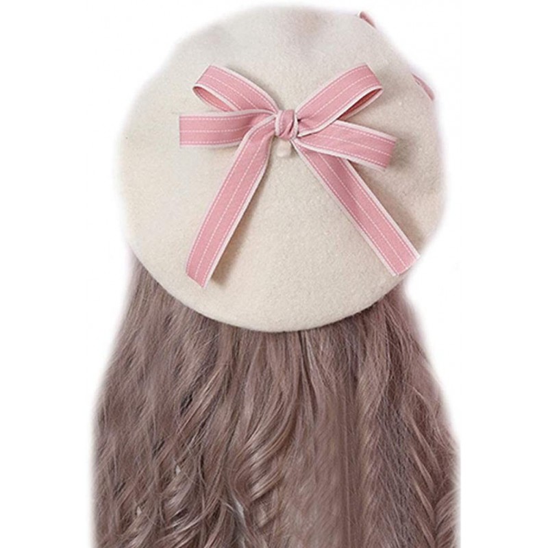 Berets Women's Girl's Lolita Cat's Butt Ladies Painter Hat Berets with Bowknot - Pink+white - CX18LLD786L $18.70