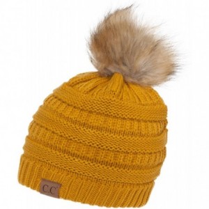 Skullies & Beanies Cable Knit Faux Fur Pom Pom Beanie Hat - Mustard - CD12M1RCBAH $30.84