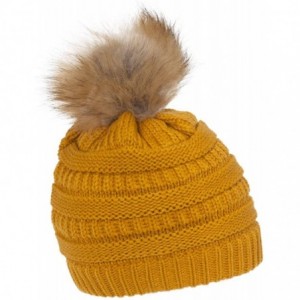 Skullies & Beanies Cable Knit Faux Fur Pom Pom Beanie Hat - Mustard - CD12M1RCBAH $10.99