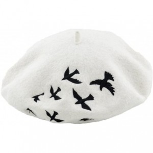 Berets Women's Warm Embroidery Bird Wool Cap Berets Robin Hat - White - CV182M044HK $26.58