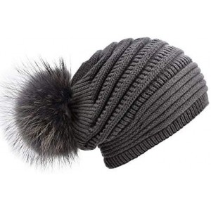 Skullies & Beanies Winter Hats for Women Slouchy Beanie hat Real Fur Pom pom Chunky Baggy - D.gray&grey Fur Pompom - CE18HSAR...