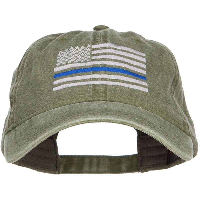 Baseball Caps Thin Blue Line Silver USA Flag Embroidered Washed Cap - Olive Green - CT182A950TR $21.88