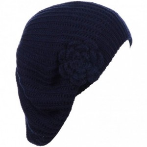 Berets Ladies Winter Solid Chic Slouchy Ribbed Crochet Knit Beret Beanie Hat W/WO Flower Adornment - Navy Flower - CV12N3UYJM...