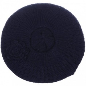 Berets Ladies Winter Solid Chic Slouchy Ribbed Crochet Knit Beret Beanie Hat W/WO Flower Adornment - Navy Flower - CV12N3UYJM...