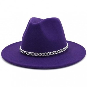 Fedoras Wide Brim Panama Fedoras Hat Felt Hat with Chain Belt for Men Women - Purple - CL193N3LDS2 $29.81