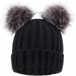 Skullies & Beanies Cable Knit Beanie with Faux Fur Pompom Ears - Black Hat Black Grey Ball Black Lining - CI182S5DRDE $26.40