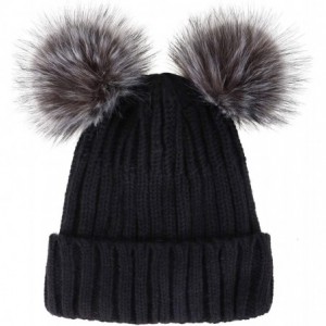 Skullies & Beanies Cable Knit Beanie with Faux Fur Pompom Ears - Black Hat Black Grey Ball Black Lining - CI182S5DRDE $14.78