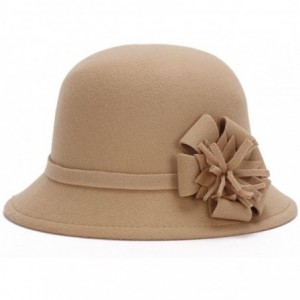 Bomber Hats Fahion Style Woolen Cloche Bucket Hat with Flower Accent Winter Hat for Women - Camel-b - CT1208QHEP1 $45.85