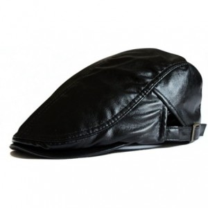 Newsboy Caps Men Women Retro Plain Color PU Synthetic Leather Flat Cap FFH129BLK - Black - CW11K0F2Z3H $40.79