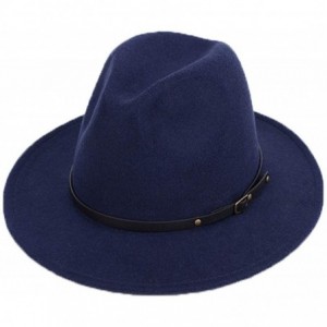 Fedoras Women Lady Vintage Retro Wide Brim Wool Fedora Hat Panama Cap with Belt Buckle - Navy Blue - C918A6ZY7IL $30.32