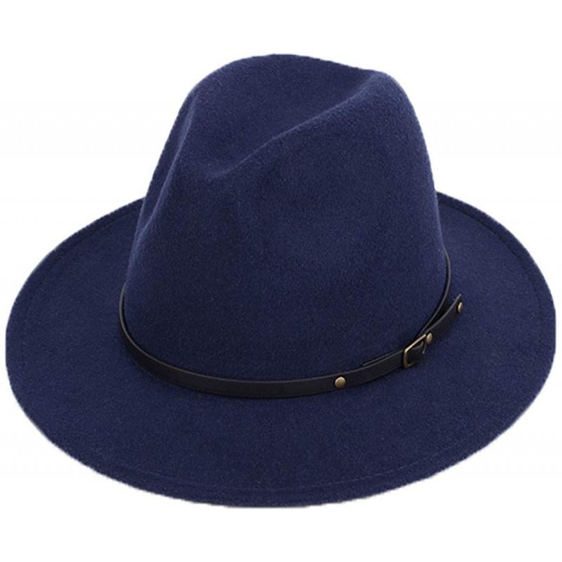 Fedoras Women Lady Vintage Retro Wide Brim Wool Fedora Hat Panama Cap with Belt Buckle - Navy Blue - C918A6ZY7IL $13.55