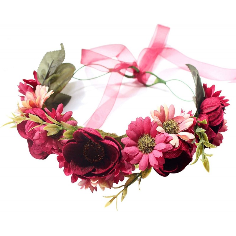 Headbands Handmade Adjustable Flower Wreath Headband Halo Floral Crown Garland Headpiece Wedding Festival Party - A14-red - C...