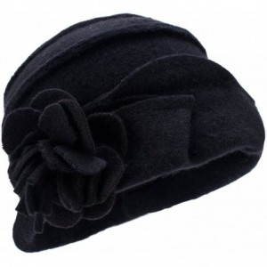 Berets Solid Color 1920s Womens 100% Wool Flower Winter Bucket Cap Beret Hat A376 - Black - CL12MXYBBFB $29.16