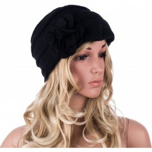 Berets Solid Color 1920s Womens 100% Wool Flower Winter Bucket Cap Beret Hat A376 - Black - CL12MXYBBFB $29.16