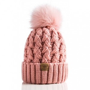 Skullies & Beanies Womens Winter Ribbed Beanie Crossed Cap Chunky Cable Knit Pompom Soft Warm Hat - Pink - C118WM48768 $26.28