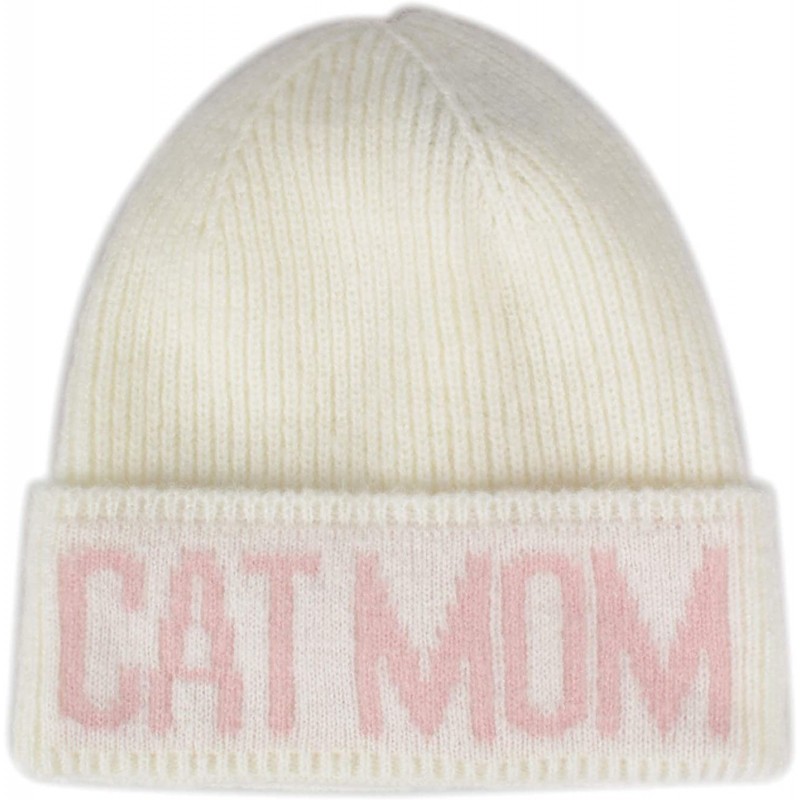 Skullies & Beanies Crazy Cat Lady Trendy Warm Soft Stretchy Cat Mom Knit Beanie Skully Toque - White Hat Pink Cat Mom - C218L...
