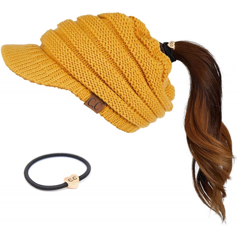 Skullies & Beanies Messy Bun Ponytail Visor Brim Beanie Hat Bundle Hair Tie (MB-131) - Mustard - With Cc Ponytail Holder - CU...