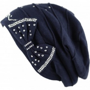 Skullies & Beanies Women's Handmade Warm Baggy Fleece Lined Slouch Beanie Hat - 2. Ribbon2 - Navy - CG18ZMA4LKH $25.19