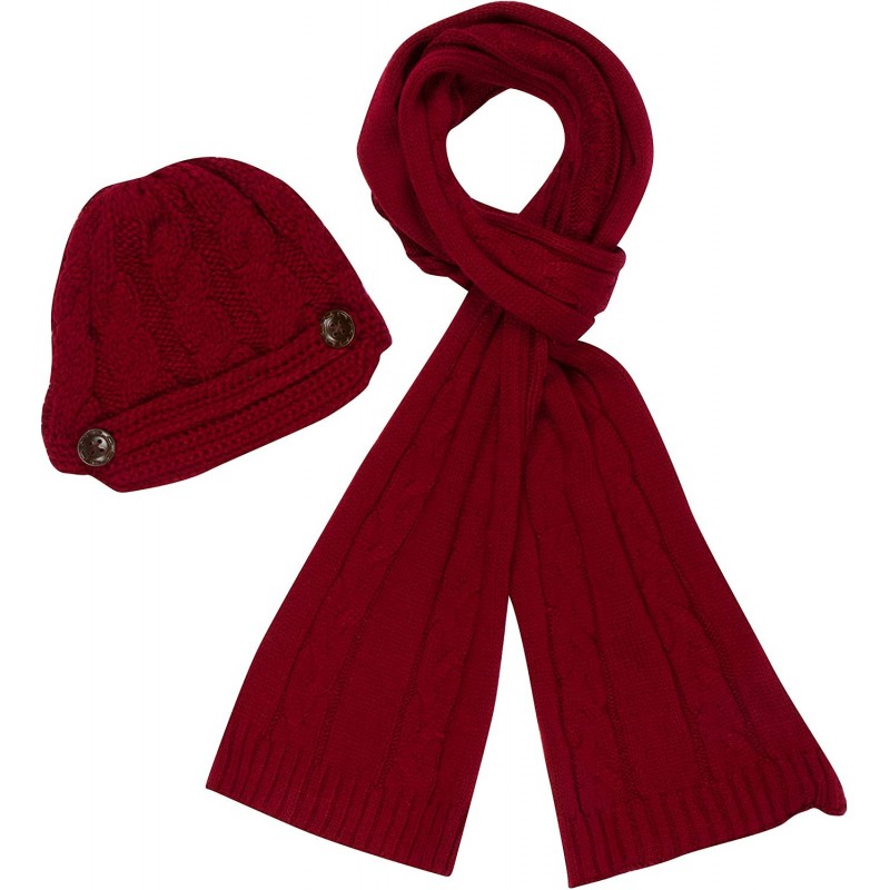 Skullies & Beanies Womens 2-piece Cable Knitted Visor Beanie Scarf and Hat Set with Button - Burgandy - CP11LRZB4R7 $41.38