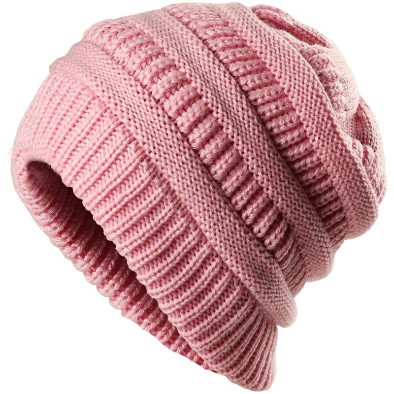 Skullies & Beanies Cable Knit Beanie Slouchy Hats Fleece Lined Cuff Toboggan Crochet Winter Cap Warm Hat Womens Mens - Pink -...