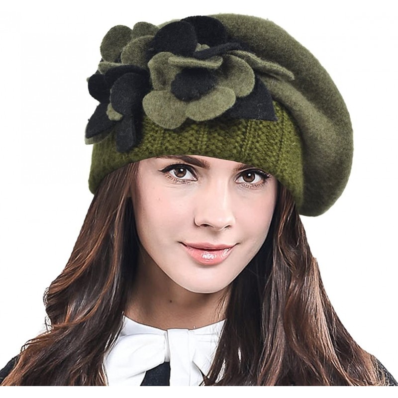 Berets Lady French Beret 100% Wool Beret Chic Beanie Winter Hat HY023 - Green - C512NSWL2L9 $25.88