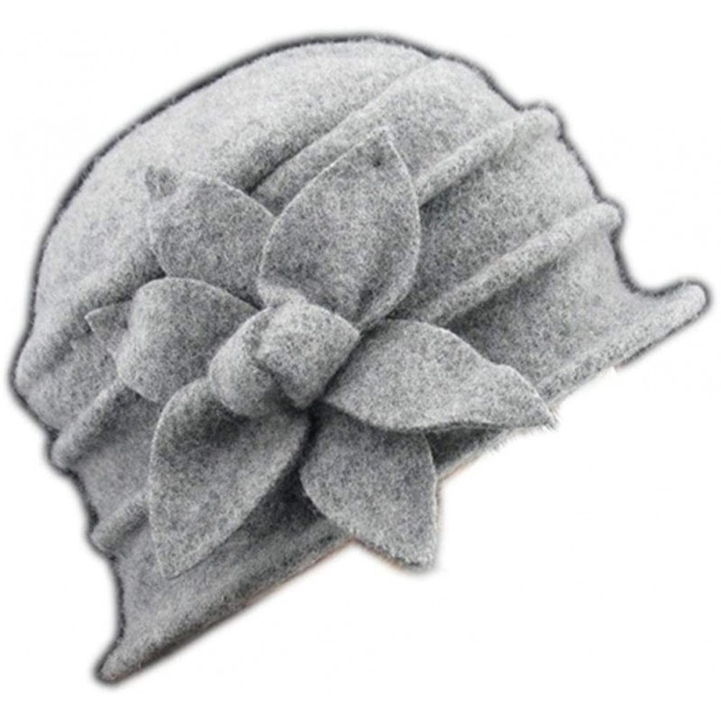 Bucket Hats Flower 100% Wool Dome Bucket Hat Winter Cloche Hat Fedoras Derby Hat - Light Gray - CA18HCCAT8T $28.84