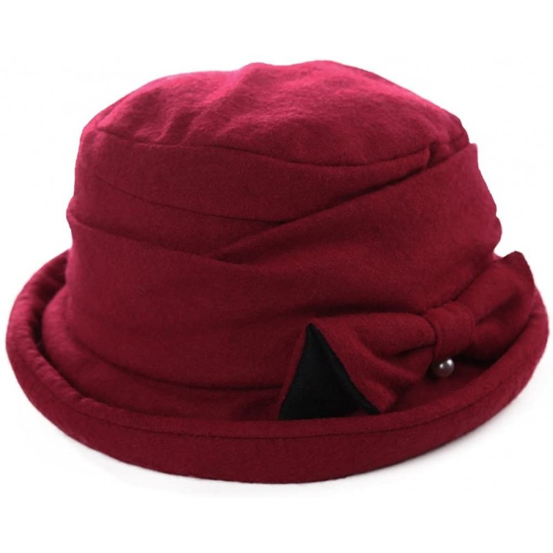 Bucket Hats Ladies Wool Cloche Hats Winter Bucket Hat 1920s Vintage Derby Hat Foldable - 89369_burgundy - CK187CNY4C8 $40.88