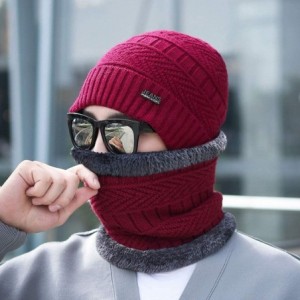 Skullies & Beanies Men's Warm Beanie Winter Thicken Hat and Scarf Two-Piece Knitted Windproof Cap Set - C-red - CC193CC7DX5 $...