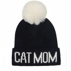 Skullies & Beanies Cat Mom Faux Fur Pompom Knit Beanie - Black Hat White Cat Mom White Pompom - CI18Z3IHT6E $33.12