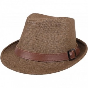 Visors Beach Straw Fedora Hat w/Solid Hat Band for Men & Women - Dk Brown Hat Brown Belt - CB17X6MCAKH $32.95