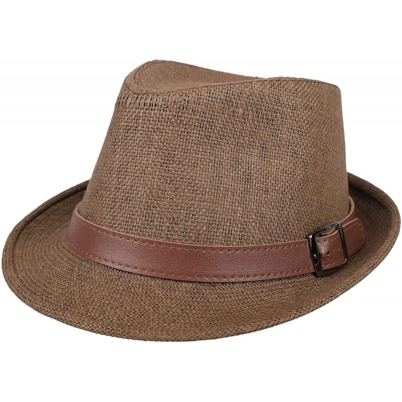 Visors Beach Straw Fedora Hat w/Solid Hat Band for Men & Women - Dk Brown Hat Brown Belt - CB17X6MCAKH $31.05
