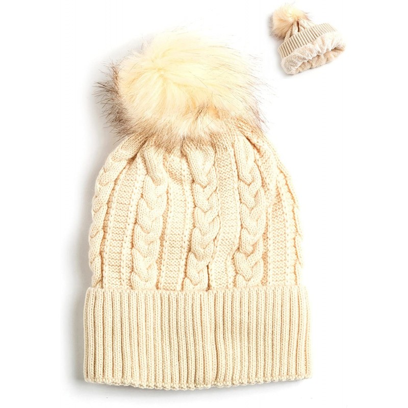 Skullies & Beanies Women Winter Faux Fur Pom Beanie Hat w/Warm Fleece Lined Thick Skull Ski Cap - Beige - CJ189GY8Z9L $24.85