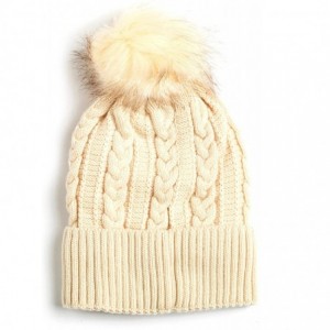 Skullies & Beanies Women Winter Faux Fur Pom Beanie Hat w/Warm Fleece Lined Thick Skull Ski Cap - Beige - CJ189GY8Z9L $24.85
