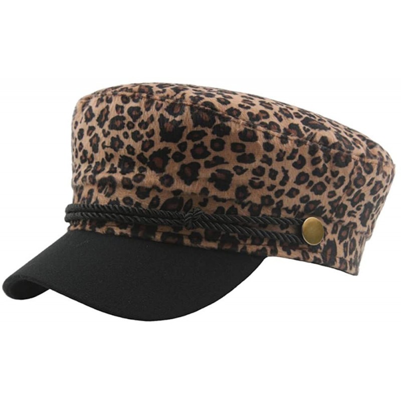 Balaclavas Winter Warm Cap Women's Leopard Print Beret Hat Casual Retro Flat Top Navy Cap - Khaki - CI18L45DZ34 $7.43
