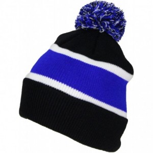Skullies & Beanies Quality Cuffed Cap with Large Pom Pom (One Size)(Fits Large Heads) - Black/Blue - CH11P8SFDVH $23.46