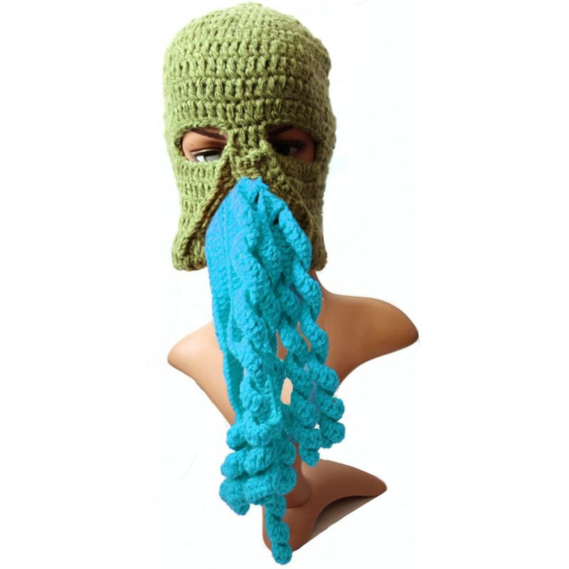 Skullies & Beanies Crochet Octopus Tentacle Beanie Hat Squid Cover Cap Knitted Beard Caps - Army Green With Sky Blue - CA189Q...